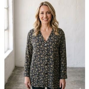 Vintage Express Womens Navy Blue Floral Button Up Cardigan Blouse S Oversize 90s